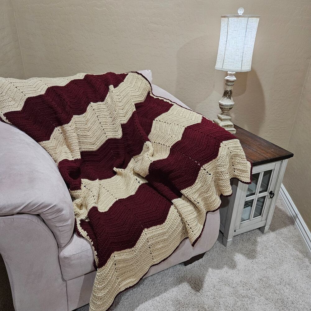 Handmade Chevron Ripple Afghan Burgundy Cream 51x57 Grandmacore Cottagecore Cozy
